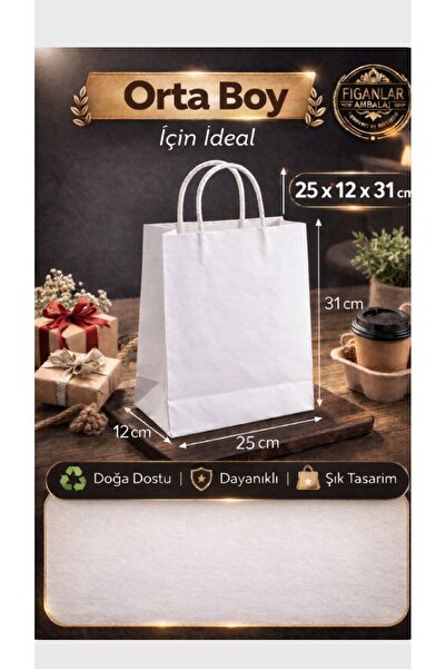 figanlar ambalaj Beyaz Kağıt Çanta Orta Boy 25x12x31 cm Saplı Karton Çanta He...