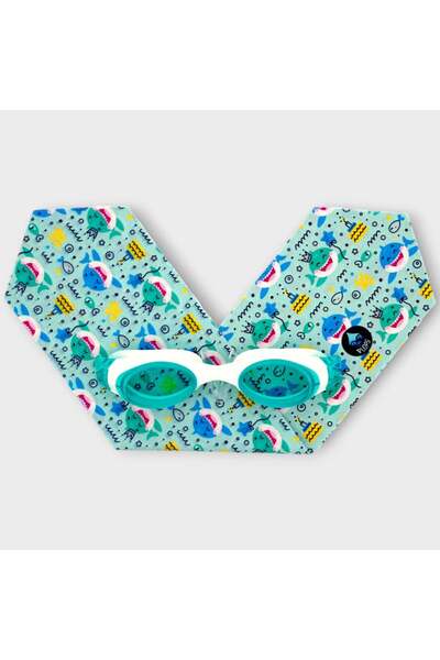 PETIT-ATELlER Kids Plops Swim Goggles Teal Lens White Frame Cute Shark Birthd...