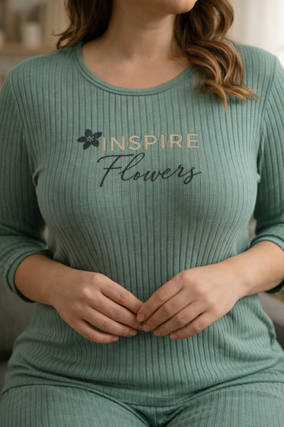 sleeproom Plus Size Ribbed Fabric Pajama Set Daily Comfortable Home Combination