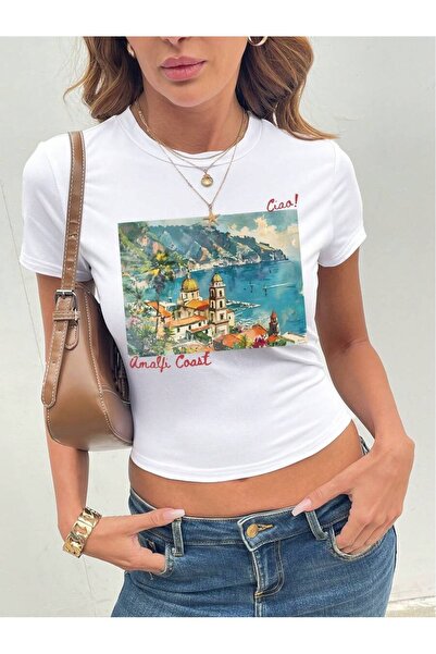 OVER HEAD Women's Amalfi Coast Printed Bayb Tee Cropped