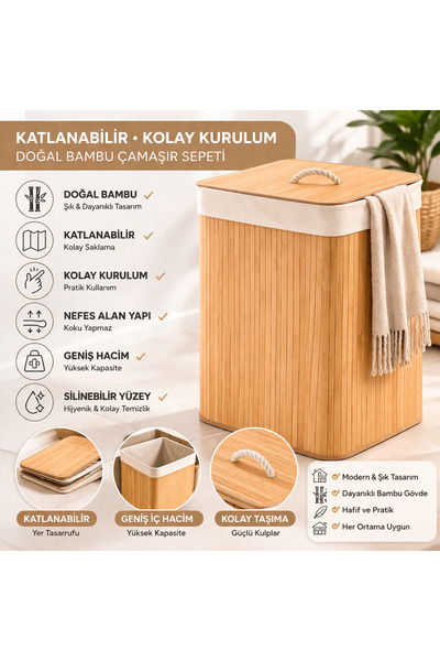 COCEM BAMBU ÇAMAŞIR SEPETİ KATLANABİLİR KAPAKLI 60 CM DOĞAL BAMBU KOLAY KURUL...