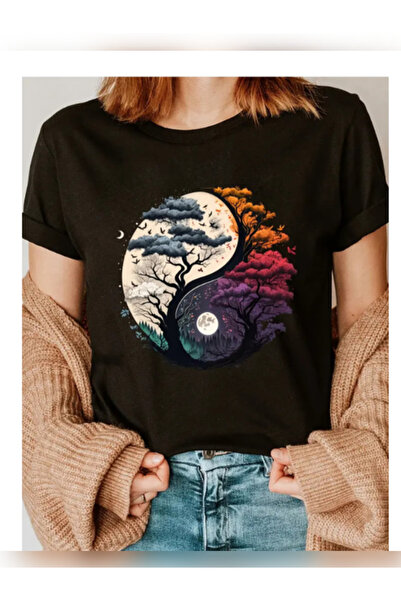 TİMİSİVA Unisex Oversized Printed Crew Neck Short Sleeve Black T-Shirt