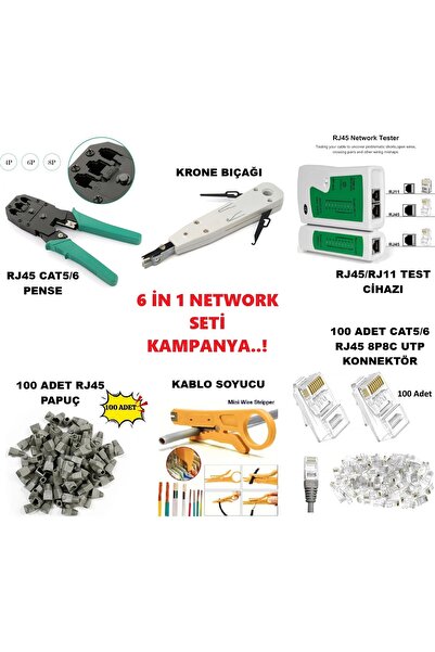 Derwell 6 in 1 Set Cat5/6 RJ45 Pense Tester Cihazı 100 Adet Jak Krone Bıçağı ...