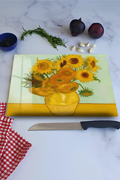 kutuTR Ayçiçeği Vazo Tablo Desenli Temperli Cam Kesme Tahtası 30X40 cm Ebadın...