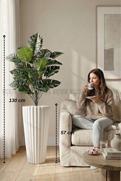 BİÇİÇEK 130 CM MONSTERA BİTKİSİ BEYAZ LİLYUM SAKSIDA