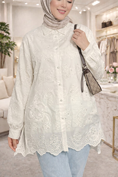 bellura Tül Detaylı İnci Düğmeli Arkası Uzun Fistolu Tunik