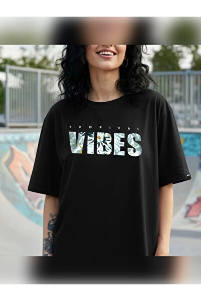 TİMİSİVA Unisex Oversized Printed Crew Neck Short Sleeve Black T-Shirt