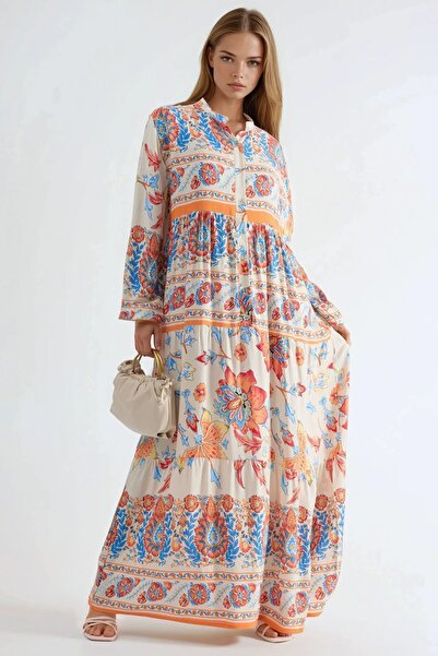 Hiccup Patterned V-Neck, Buttoned Maxi Dress
