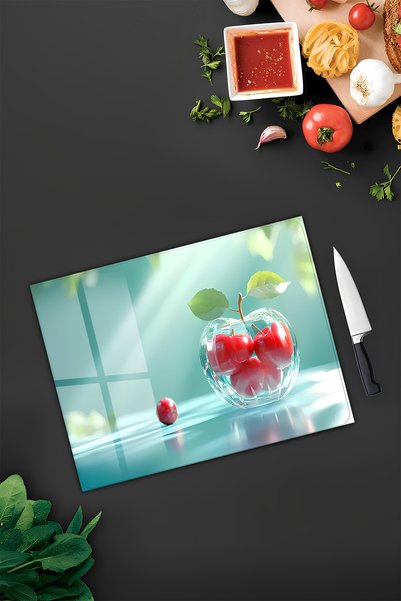 kutuTR Red Apple in Glass Bowl D Patterned Tempered Glass Cutting Board Uv Printing in 30X40 cm Size - Bckt036