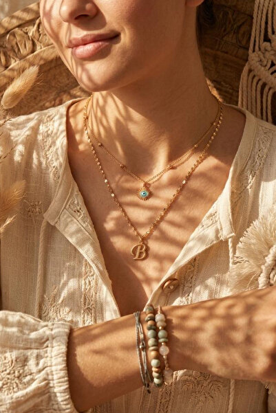 Larius Jewelry İkili Kombin Harf Kolye,Göz Nazar Kolyesi,Harf Kolye (Tek/Çift...