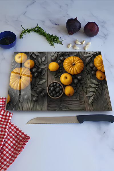 kutuTR لوح تقطيع من الزجاج المقسى بتصميم فاكهة اليقطين الأصفر منقوش مقاس 30×4...