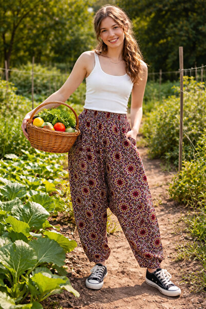 hoaryage Viskon Basma Kumaş Çiçek Desenli Cepli Şalvar %100 Pamuk