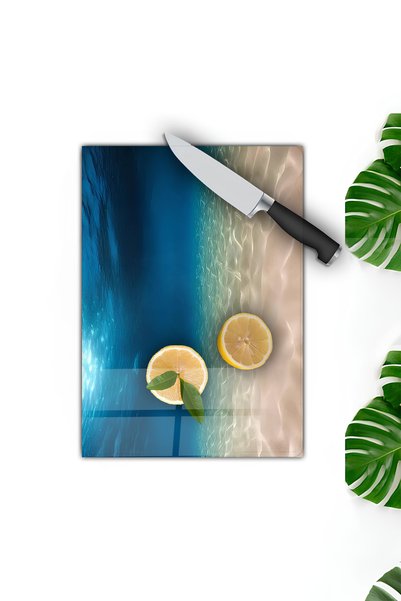 kutuTR Turquoise Sea and Sand Patterned Tempered Glass Cutting Board 30X40 cm Size Uv Printing - Bckt033