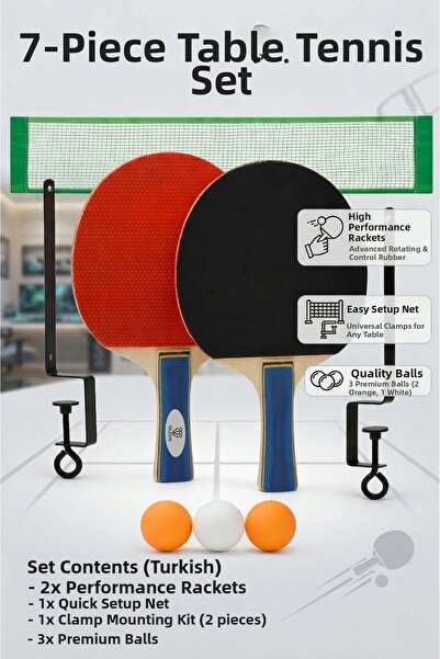 Soft Kare Professional 7-Piece Ping Pong Set – 2 Rackets, 3 Balls, Net – Port...