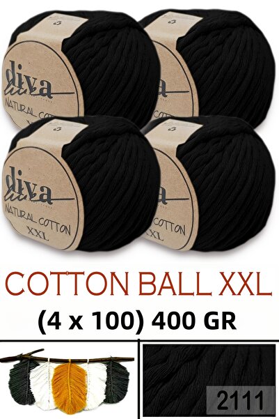 Diva İplik Bumbac natural XXL - 4 mm, șuvițe de macrameu fire - 2111 Negru (P...