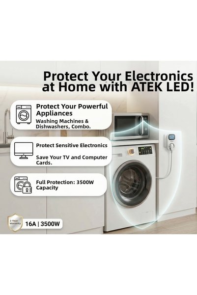 ATEK Led 16A Digital Displayed Socket with Current and Voltage Protection High Voltage Protector 3500W