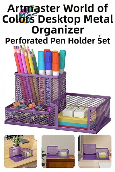 Artmaster Set de suporturi metalice pentru pixuri de birou, violet, 3 piese, ...