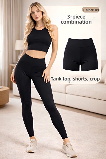 Lasirius Set sport din 3 piese pentru femei, negru, colanți, pantaloni scurți...