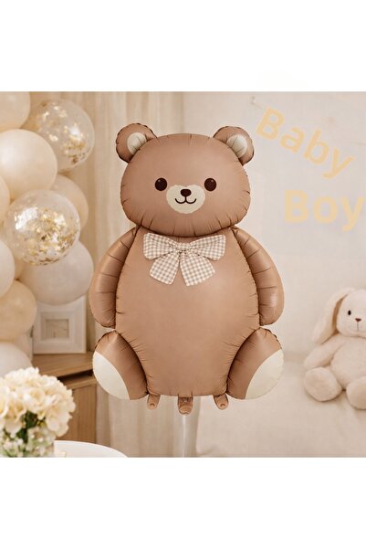 BALON DİYARI Retro Cute Bear Beige Bow Tie Bear Foil Balloon Baby Shower Birt...