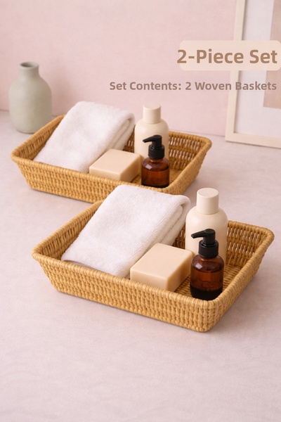 YzHome سلة تقديم مستطيلة من الخيزران مكونة من قطعتين، منظم وعاء الخبز، مقاس 2...