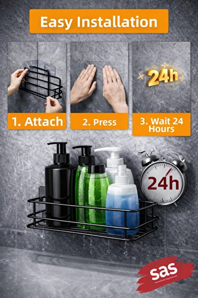 Sas Haus Single Black Adhesive Bathroom Shelf, 2-Wire Shower Shampoo Holder, Metal Shelf (Screw-On/Adhesive)
