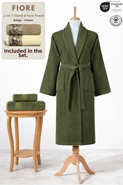 Ellaline 3 Piece Striped Women's Bathrobe Set 100% Cotton Certified + Gift Fi...