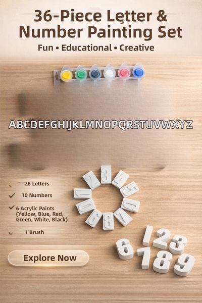 MİSSEHOME 36 Pieces (3D) Letters and Numbers Stone Painting Figure Child Deve...