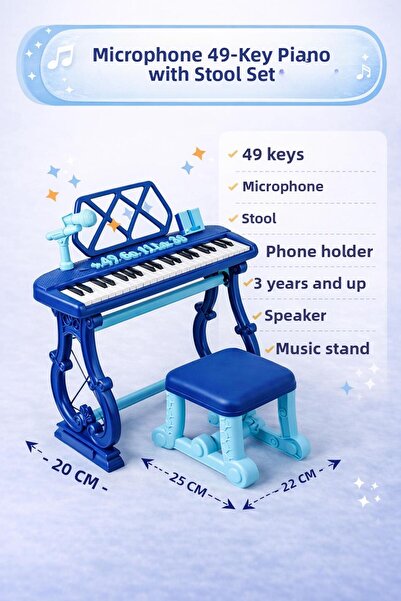 hak-iş oyuncak 49-Key Piano Set with Microphone and Stool, Navy Blue