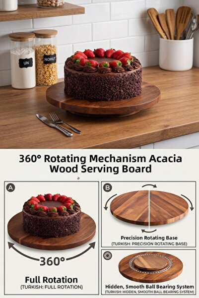 MİS KİTCHEN Natural Acacia Rotating Presentation Tray 27.5 cm |   360 °   Rot...