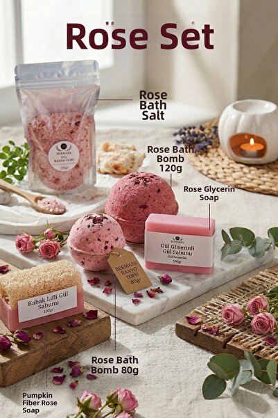 bermark مجموعة العناية بالورد المكونة من 5 قطع - باقة هدايا حمام الورد: ألياف...