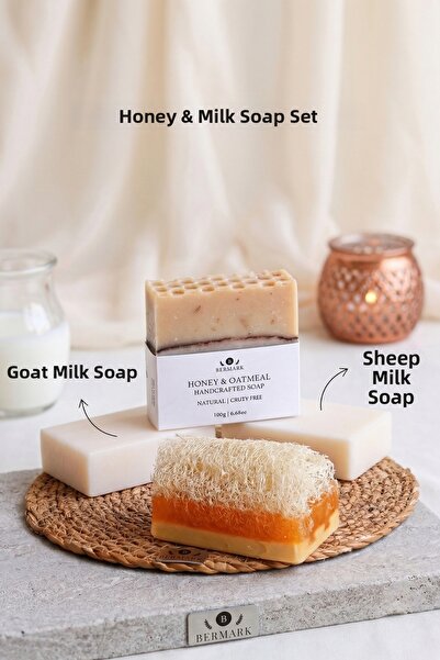 bermark مجموعة العناية بالبشرة بالعسل والحليب مكونة من 4 قطع - مجموعة الصابون...