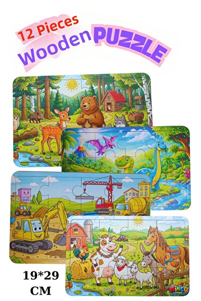 Minçu Toys مجموعة من 12 قطعة من الألغاز، ديناصور، غابة، مزرعة، مواد خشبية للبناء