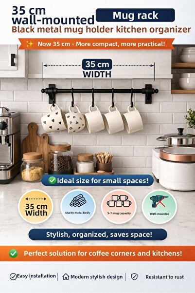 Keyfi Sepet 35 cm Wall Mounted Cup Hanger Black Metal Mug Hanger Kitchen Orga...