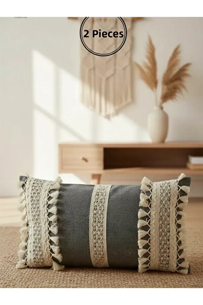 NDC HOME Λινό Γκρι Ανθρακί Ακατέργαστο Δαντέλα Διακοσμητικό μαξιλάρι 2 Τεμάχι...