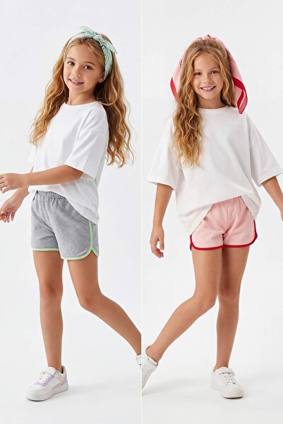 TRENDYOLKIDS Γκρι-ροζ 2'li Κοριτσίστικο 100% βαμβακερό σορτς με λεπτομέρεια ε...