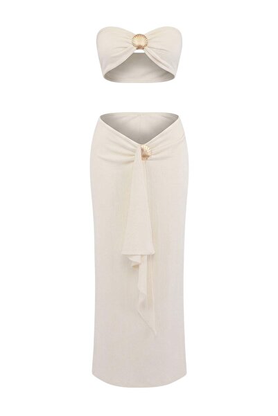 Trendyol Collection Εκρού Πλεκτό Στράπλες Μάξι Σετ Φούστας Μπλούζας Παραλίας ...