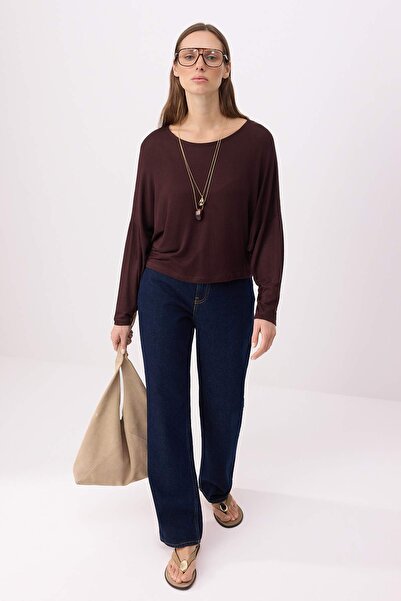 Trendyol Collection Brown Relaxed Boat Neck Low Shoulder Long Sleeve Knitwear...