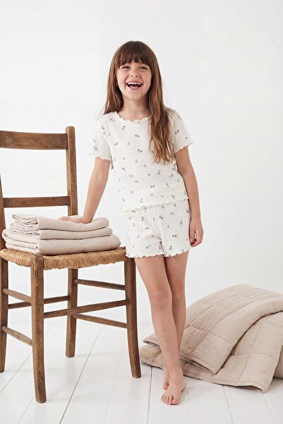 TRENDYOLKIDS Σετ Πιτζάμες Κοριτσίστικες Πλεκτές με Βολάν σε Χρώμα Εκρού TKDSS...
