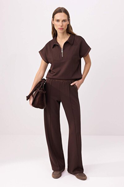 Trendyol Collection Brown Regular Turn-Down Collar Wide Leg Soft Touch Knitte...