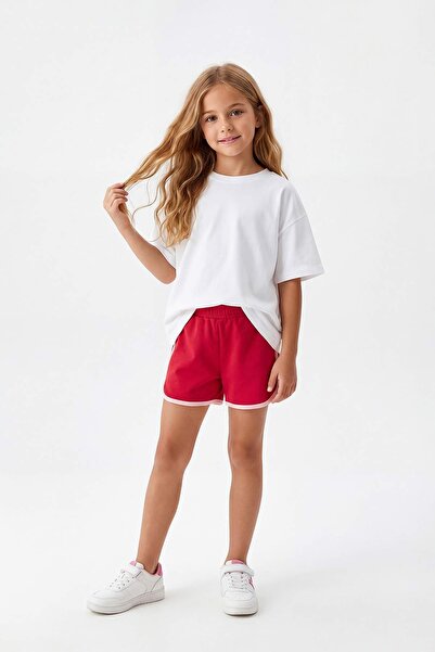 TRENDYOLKIDS Rot-Marineblau 2er-Pack Mädchen-Shorts aus Baumwolle mit Paspeli...