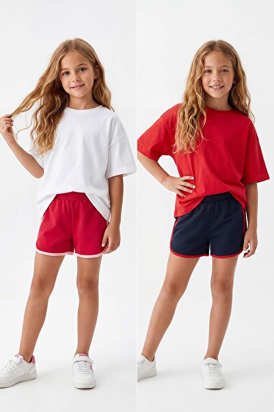 TRENDYOLKIDS Rot-Marineblau 2er-Pack Mädchen-Shorts aus Baumwolle mit Paspeli...