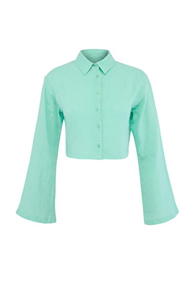 Trendyol Collection Turcoaz țesut bumbac 100% Cămașă de plajă crop TBESS24GO0...
