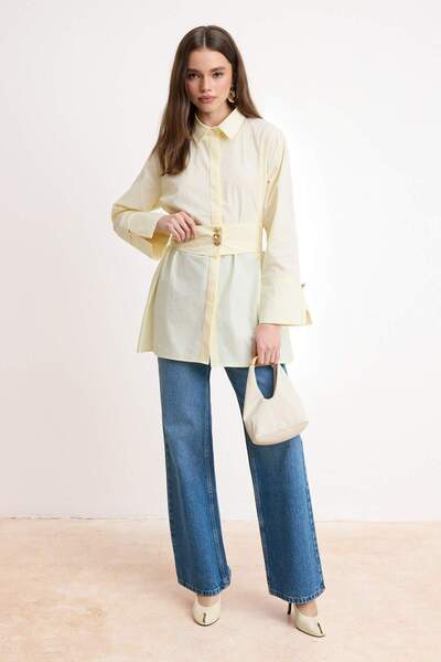 Trendyol Modest Ανοιχτό Μπεζ Υφαντό Πουκάμισο με Λεπτομέρεια Ζώνης TCTSS26TG0...