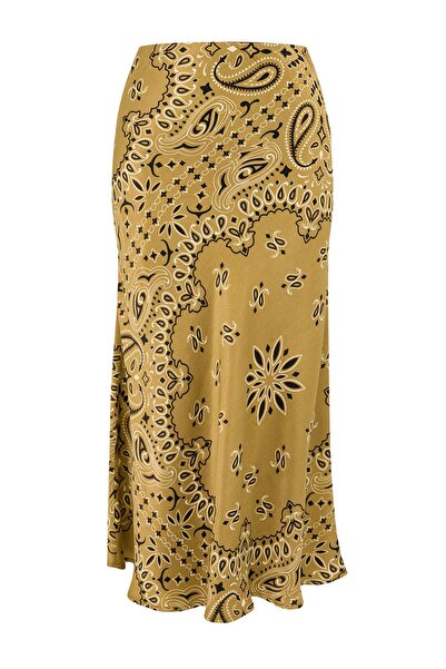 Trendyol Modest Brown Ethnic Patterned Satin Skirt Tctss26Ee00031