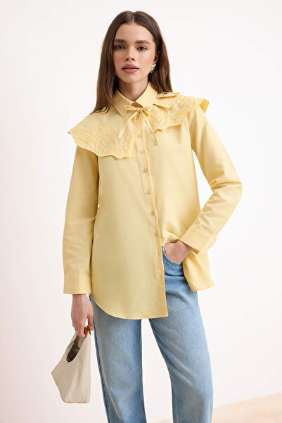 Trendyol Modest Yellow Regular Terrycotton Plain Woven Collar Embroidery Deta...