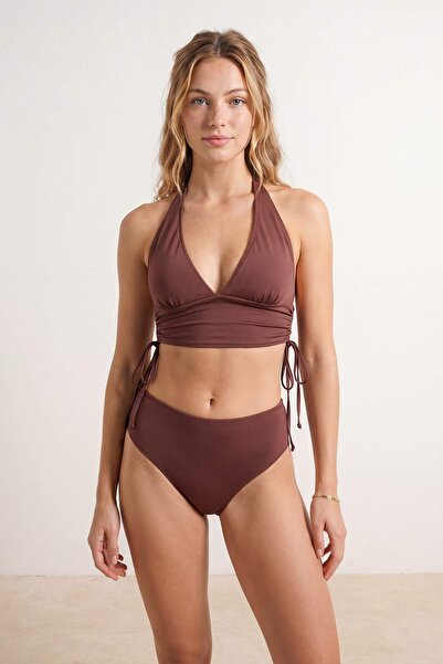 Trendyol Collection Set de bikini cu drapaj în formă de triunghi maro, ajusta...