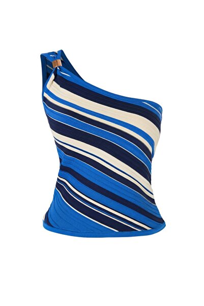 Trendyol Collection بلوزة زرقاء بياقة غير متماثلة ألوان متباينة بلوزة تريكو ر...