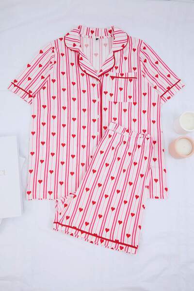 Trendyol Curve Pink Heart Shirt Collar Piped Large Size Pajama Set Tbbss26Ai0...