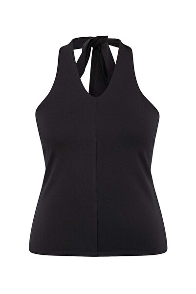 Trendyol Curve Μαύρη πλεκτή μπλούζα Μονό ζέρσεϊ με λαιμόκοψη Με δέσιμο σε μεγ...