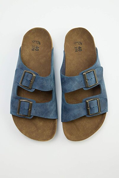 TRENDYOL SHOES Navy Blue Nubuck Double Strap Men's Slippers Takaw25Te00003